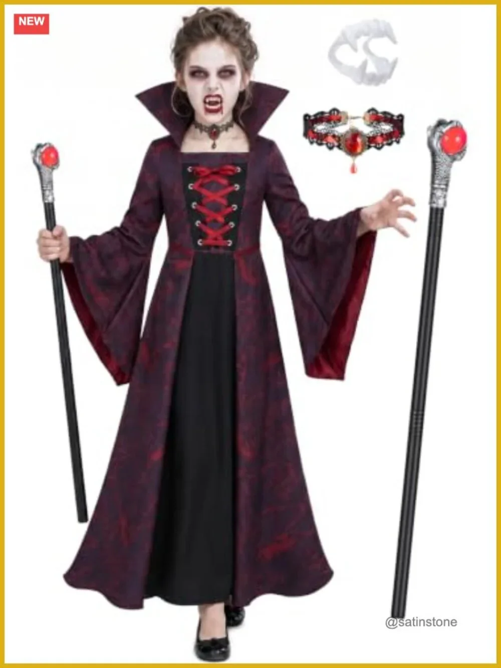 Kids Gothic Victorian Vampiress Dress Costume Set with Fangs, Staff & Choker
